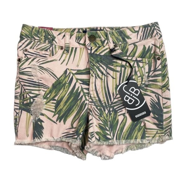 NWT Boom Boom Jeans Mid Rise Distressed Tropical Leaf Print Denim Shorts Sz 5 - Picture 1 of 6